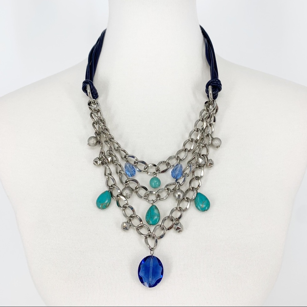 VT Luxe Blue Leather Silver Chain Multi Strand Necklace Teal‎ Crystal Statement
